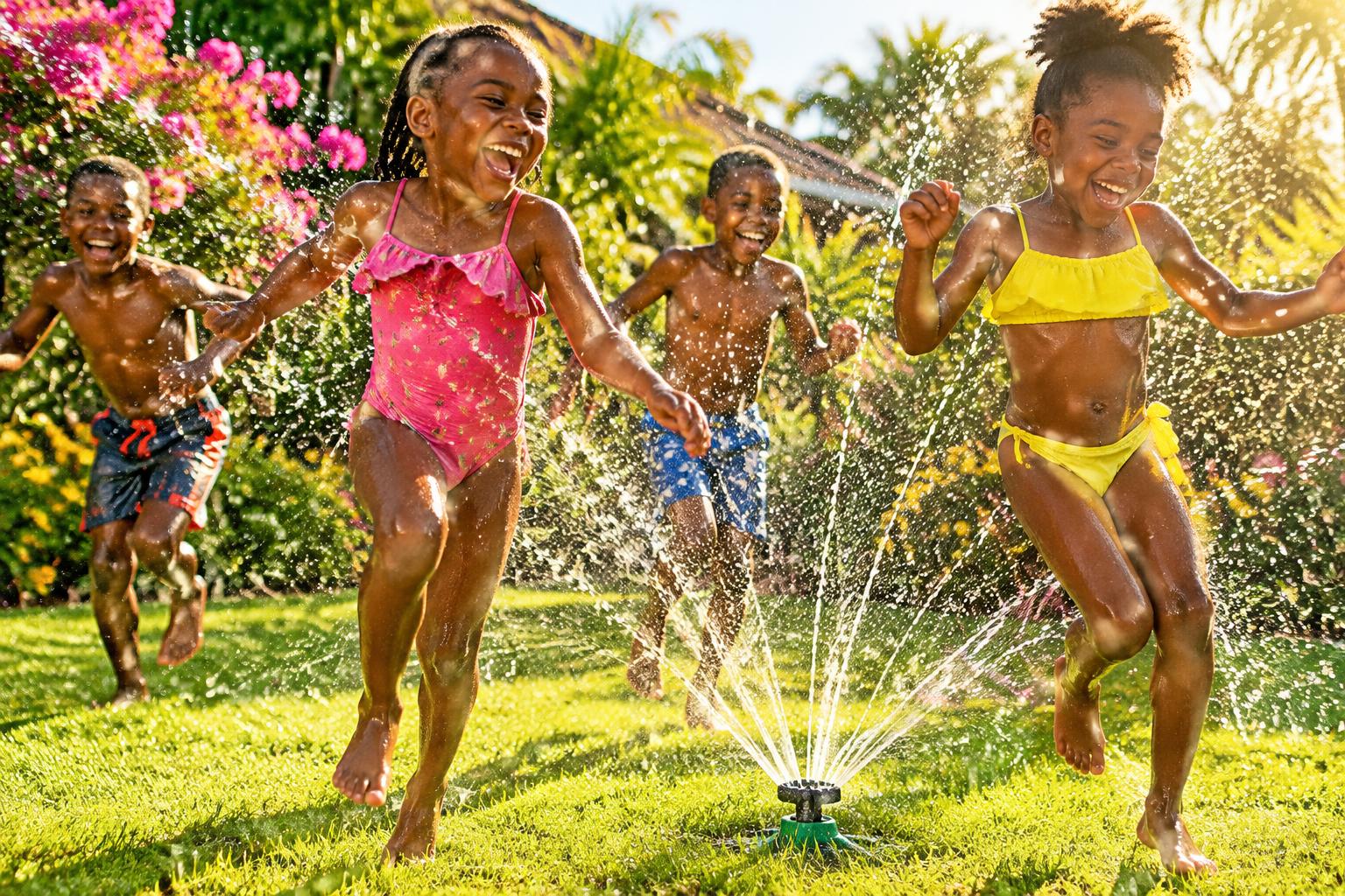 Kids laughing and jumping through a garden sprinkler